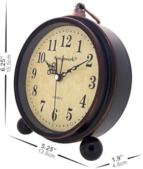Konigswerk Metal Vintage Retro Old Fashioned Decorative Quiet Non-Ticking Sweep Second Hand, Quartz Analog Large Numerals Desk Clock, Battery Operated, Loud Alarm (Classic Brown)
