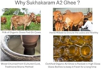 SUKHAKARAM A2 GIR COW ORGANIC HAND MADE GHEE - 1000 ml | GRASS FED INDIAN GIR COW | TWO WAY WOOD CHURNED WITH BILONA METHOD | GLASS BOTTLE | COMES WITH A CERTIFIED ORGANIC COTTON REUSABLE GROCERY TOTE BAG | PURE, NATURAL AND HEALTHY