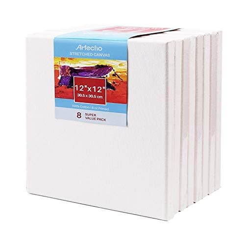 Artecho 12x12 Inch Stretched Canvas, White Blank 8 Pack, Primed 100% Cotton, Value Bulk Pack for Painting, Acrylic Pouring, Oil Paint & Artist Media
