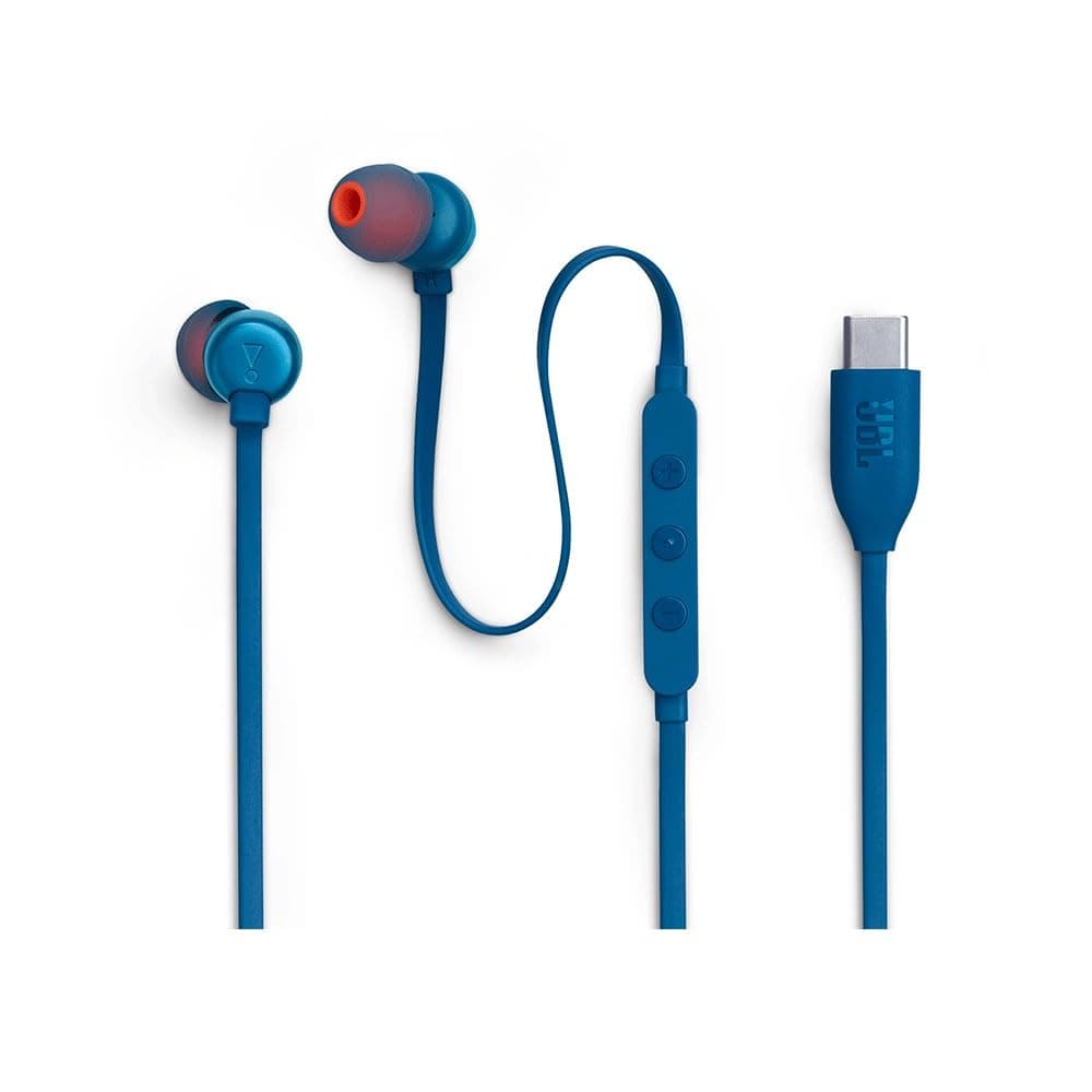 JBL Tune 310 C Hi-Res Wired Earbuds with Microphone, Flat Tangle-Free Cable, 3-Button Remote, EQ Presets Control and Volume Adjustment, Blue