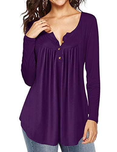 AMCLOS Womens Solid Tops V Neck T-Shirts Swing Ruffle Blouses Button up Tunic Casual Flowy Loose Long Sleeve(Purple,XL)