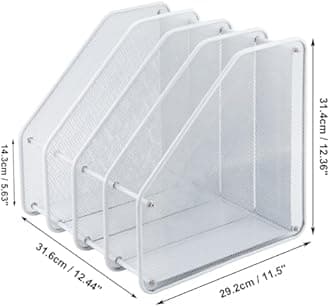 TOROTON Mesh Magazine File Rack Holder, 4 Compartments Metal Mesh Home Office Desk Book Sorter Storage Shelf, for Paper Magazine Documents and Books-White