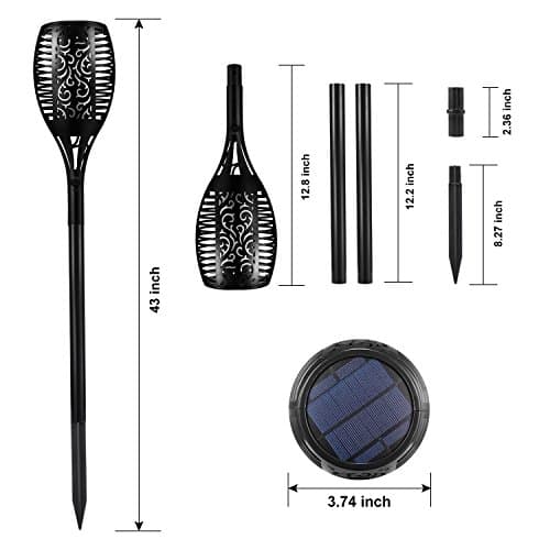 LED Solar Tiki Torches Light, Waterproof Flickering Flame Solar Torch Light - Solid Height Adjustable Deck Light for Outdoor Garden Path Landscape Decoration (Black 2Pack)