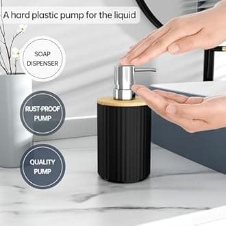 Fun Memories Bathroom Accessories Set 6 Pieces Black Bath Ensemble Includes Toothbrush Holder, Soap Dispenser, Toothbrush Cup, Soap Dish for Decorative Countertop and Housewarming Gift, Black