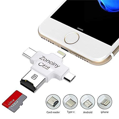 Micro SD Card Reader, Zonciny 4 in 1 USB Memory Card Reader Adapter with Lightning/Type-C/USB/USB Micro SD Connector for iPhone/iPad/Android/Type-C Phones/Mac/PC-White
