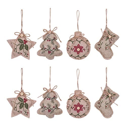 KOMIWOO 8 Pack Burlap Stocking Tree Ball Star Christmas Tree Ornaments, Great Rustic Vintage Holiday Party Decorations