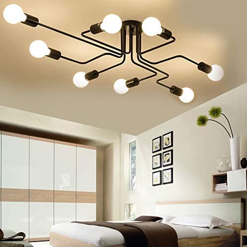 Industrial Sputnik Ceiling Light, Modern 8-Light Semi Flush Mount Light Fixture with Matte Black Finish Metal Pendant Lighting for Dining Room Bed Room Kitchen Living Room