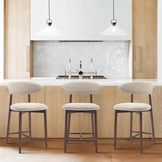 COLAMY Counter Height Bar Stools Set of 3, Kitchen Bar Stools with Back, Mid Century Modern Upholstered, with Wood Legs for Kitchen Island Dining Room, Beige