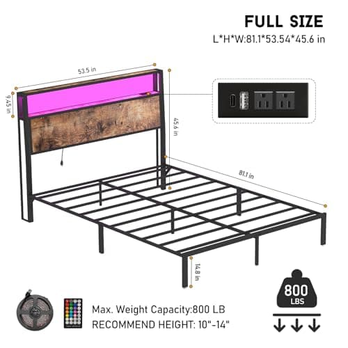 Full Size Bed Frame with 2-Tier Storage Headboard with Charging Station and 12 Color LED Lights,2 Tier Solid Wood Headboard Storage,Noise Free, No Box Spring Needed,Remote Control/Vintage Brown