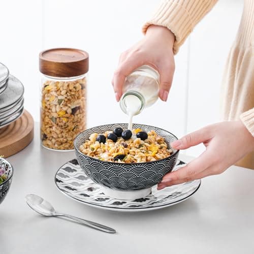 vancasso Ceramic Dinnerware Sets for 4 Haruka Bowls and Plates Set 12 Pieces Black and White Porcelain