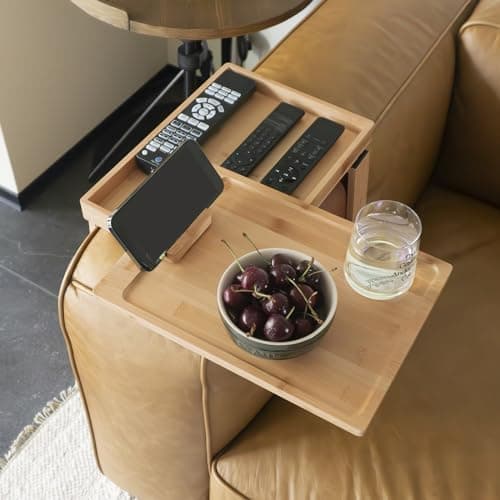 Sofa Arm Tray, Bamboo Couch Arm Table, Two-Tier Clip On Tray Sofa Table with 360° Rotating Tabletop and Phone Stand, For Eating and Drinking, Storage 13 * 9.5 * 1.2inch