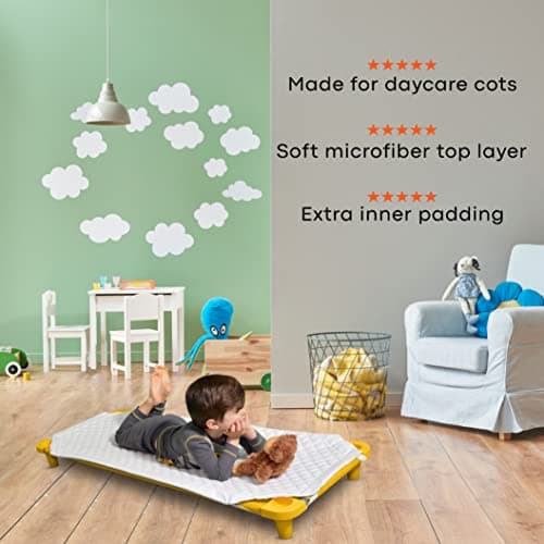 COTMAT Padded Daycare Cot Sheet for Toddlers. Extra Padding for Comfy Preschool Naps. Includes Elastic Corner Straps & Name tag. Standard Size, 51 x 23 Inches. Washable. Cot Not Included.
