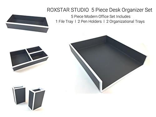 ROXSTAR STUDIO Desk Organizer Set -5 Piece Modern Office Set Includes: 1 File Tray, 2 Pen Holders, 2 Organizational Trays, Color: Gray