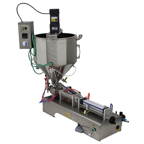 TECHTONGDA Paste Liquid Filling Machine One Nozzle Piston Filler with Mixing and Heating Hopper Bottle Pack Seal for Honey Milk (100-1000ml)