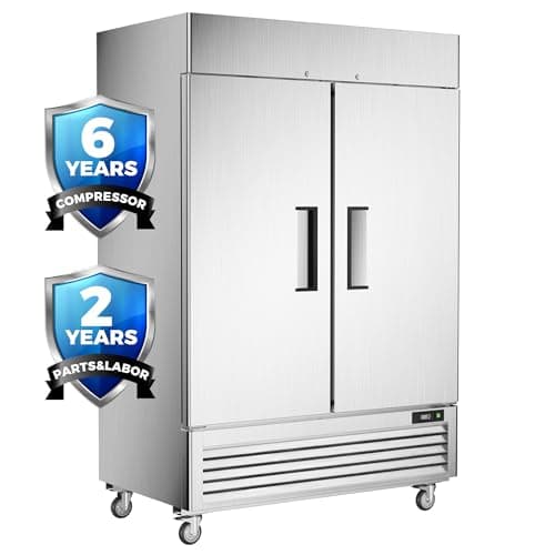 Coolski 54'' Commercial Freezer 2 Solid Doors Stainless Steel Reach-in Freezer, 49 Cu.Ft/8 Shelves/LED Lighting/Auto Defrost, Fan Cooling Freezer for Restaurant Garage ETL NSF Approved