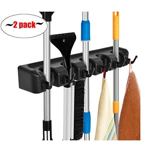 Auwey 2pack Mop Broom Holder Wall Mount with Hook Gripper Slot, Garden Storage Rack Mop Broom Handle Kitchen Storage Garage Garden Tools Commercial Organizer (5 Position 6 Hooks)