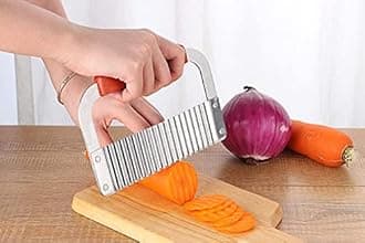 Mockery Vegetable Chopper Garnish Cutter Crinkle Cutter with Wood Handle Crinkle Cutter Slicer Wavy Potato Chip Vegetable Crinkle Wavy Cutter Blade Tool Fry Hand Chipper Tool