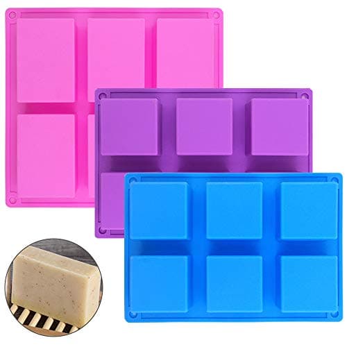 6 Cavities Silicone Soap Mold (3 Pack), SENHAI Baking Mold Cake Pan, Biscuit Chocolate Candy Molds Ice Cube Trays Handmade DIY - Pink, Blue, Purple (1 Rectangle & 2 Square)