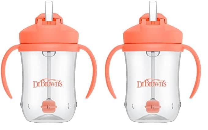 Dr. Brown's Milestones Baby’s First Straw Cup, Training Cup with Weighted Straw, Coral, 6m+ (Pack of 2)
