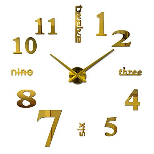 Sinto Wall Clock, Modern DIY Large Time Clock 3D Stickers for Home Office(Gold)