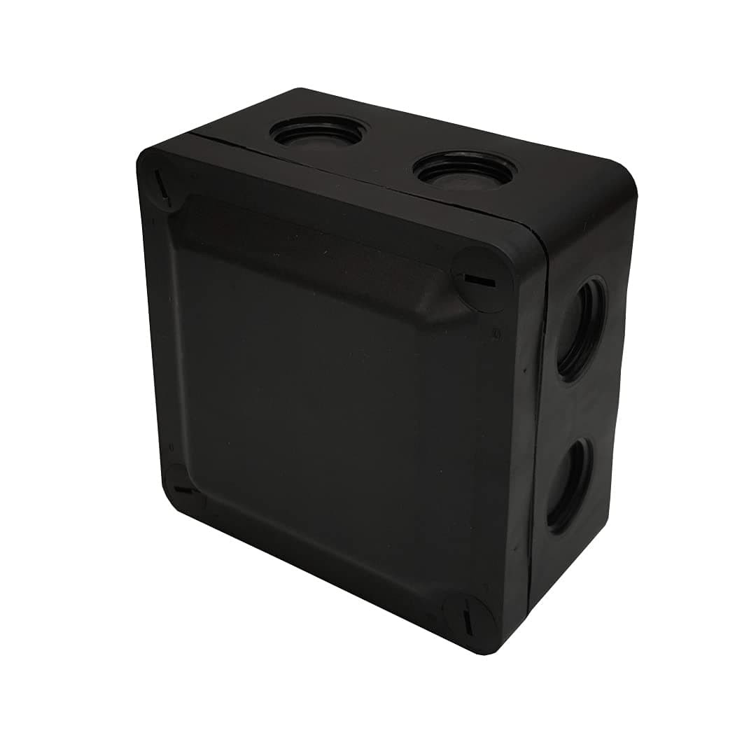 Black Waterproof Junction Box with 5 Pole 4.0mmsq Screw Terminal & 8 Self Sealing Cable Inlets (IP66 32A L:90x W:90x D:50mm)