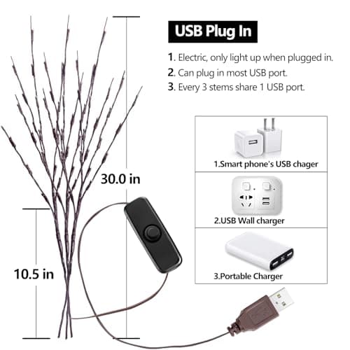 KXCOFTXI 3 Pack Twig Lights, Prelit Branches, USB Plug in Branches Lights with 60 LED Bulbs, Romantic Decorative Iights for Vase, Lighted Tree Branches for Indoor, Plug in Lighted Branches for Party
