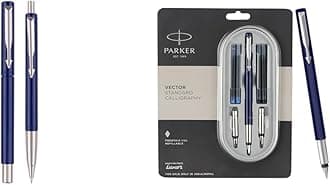 Vector Standard Roller Ball Pen + Ball Pen| Blue Body Col| Ink Col - Blue | Gift For Employees | Elite Pen For Professionals & Vector Standard Chrome Trim Calligraphy Fountain Pen | Blue ...