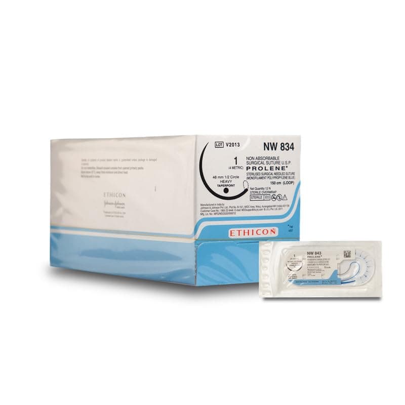 Ethicon W8556 Prolene Sutures USP 5-0, 1/2 Circle Round Body Ethalloy Double | Polypropylene | Synthetic Monofilament | Blue | 17 mm and 90 cm Suture length | Non-absorbable | 12/Box