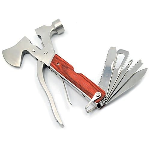 Saw Blade Knife Multi-functional Tool Set Rescue Hammer Plier Hatchet Is Made Of Stainless Steel, Wood Handle, Durable And Portable.