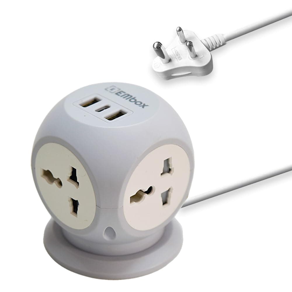 EMBOX Extension Board with USB (2.4 A) 20W Type C | 6 amp 2500W Universal Sockets LED Indicator and Safety Shutter | 2 Meter Extension Cord