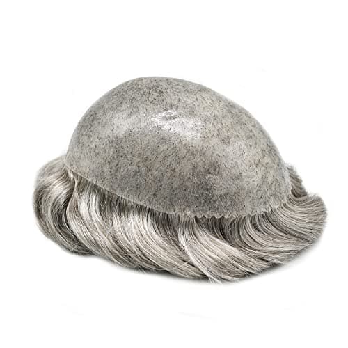 Toupee for Men's Hair Replacement System - Full Injected PU Durable Skin Wig - Soft Human Hair Piece - Grey 6"x8" #565 Light-Med Brown+65% Gray-120% Medium Light to Medium