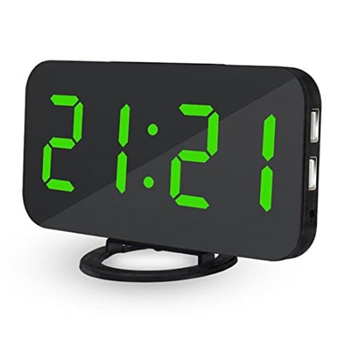 CIGERA Digital Alarm Clock with Auto/Manual Dimmer, Dual USB Port for Charging,Extra Large LED Numerber,Outlet Powered and Battery Backup,Black+Green