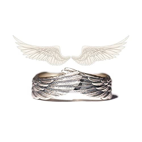 Hug Wings Angel Feather Retro Copper Open Adjustable Guardian Ring - Vintage White Silver Wedding Band for Women Men Lovers Friends Gifts