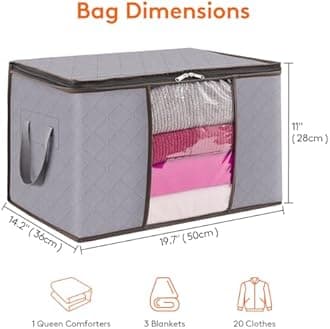 Lifewit 50L Clothes Storage Bags Large Storage Box With Lid Packing Boxes for Moving House With Reinforced Handle Thick Fabric Clear Window for Clothes Duvet Blankets Bedding, 3 Pack, Light Grey