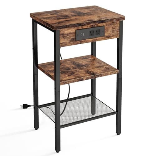 Fixwal Side Table, Night Stand with Charging Station, 3-Tier End Table with Storage Shelf, Side Table for Living Room, Bedroom, Rustic Brown and Black