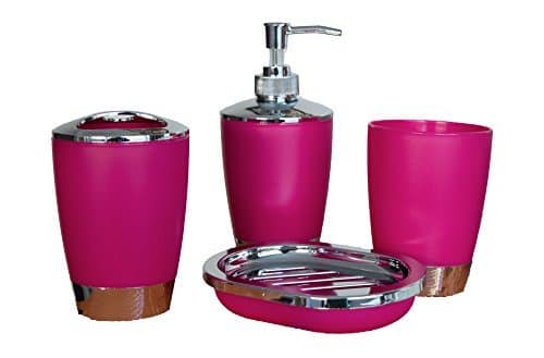Stella 4Pc Plastic elegant Bathroom Accessory Set Soap Dish Dispenser Toothbrush Holder (Hot Pink)