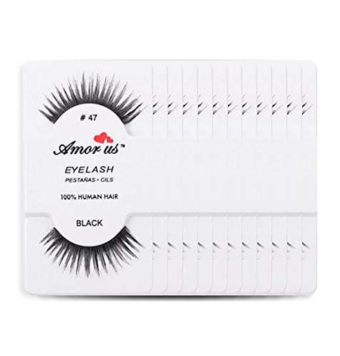 12 Pairs Multipack #47 False Eyelashes Dozen Set 100% Natural Hair Black Handmade Comfortable Reusable Strip Fake Lashes Pack