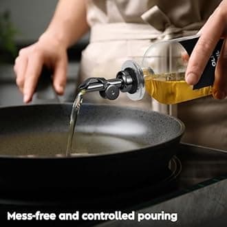 Olive Oil Dispenser Bottle - Includes 55 Kitchen Essential Labels - Cooking Oil Bottles for Kitchen, Coffee Syrup Dispenser - Pourer Spout with 500 ml Glass Container Cruet - 2pcs, Black