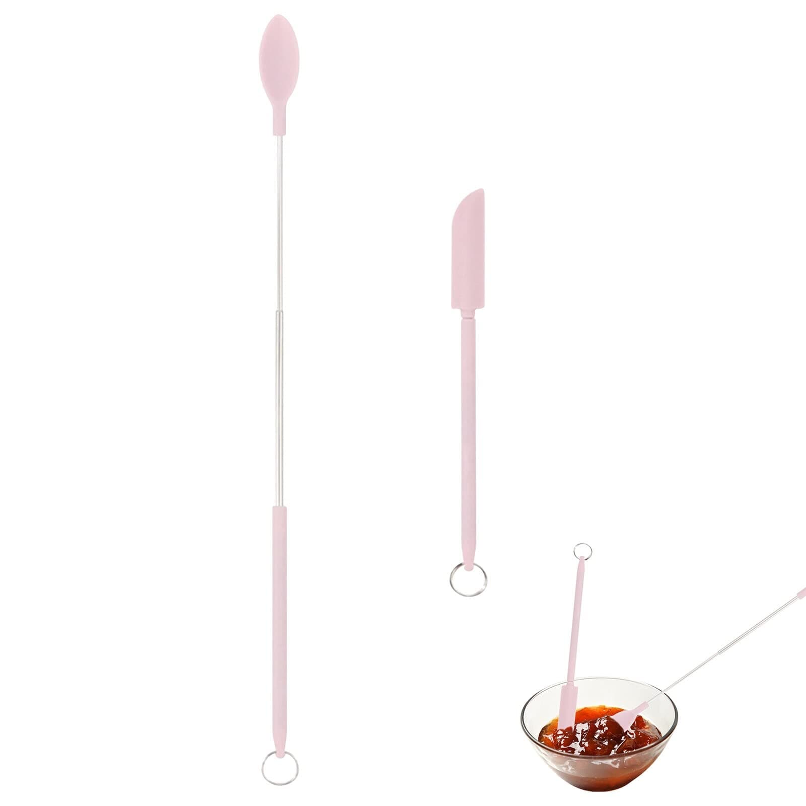 Mini Silicone Spatula Set, 2 Pcs Telescopic Spatula and Scooping Spoon, Heat-Resistant Small Household Cooking Silicone Spatula Set, Handle Size Adjustable for Makeup Kitchen Food_Pink