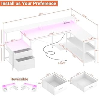 Aheaplus L Shaped Desk with File Drawer, 66" Reversible L Shaped Computer Desk with Power Outlet & LED Strip, Gaming Desk with Long Monitor Stand, Office Desk Corner Desk with Storage Shelf, White