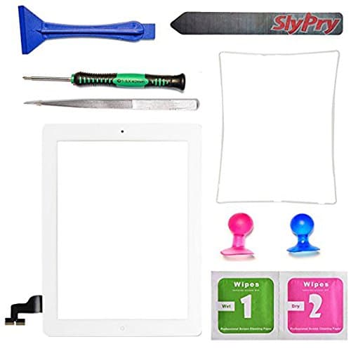 SlyPry White Ipad 2 Digitizer Touch Screen Front Glass Assembly - Includes Home Button + Camera Holder + Frame Bezel + Preinstalled Adhesive + Cleaning Kit with Slypry Premium Tool Kit