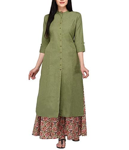 Women's Pure Cotton Plain Tunic Top Front Slit 3/4 Sleeves Roll-UP Chinese Neck Buttons Down Pocket Long Kurti Kurta