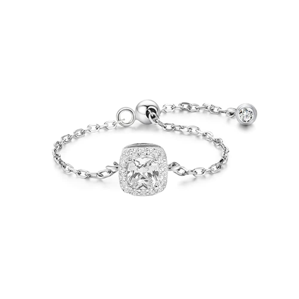 Cubic Zirconia Link Chain Statement Ring with Dangle Beaded Ball S925 Sterling Silver Adjustable Band Birthstone Stacking Promise Rings Tassel Dangling Fashion Jewelry Gifts for Women Girls Bff,