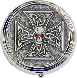 "Celtic Skull Iron Cross" Silver Tone Round Pill Box