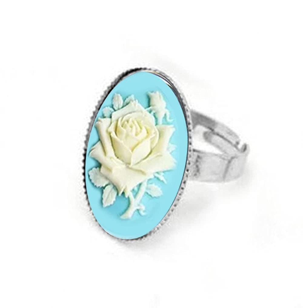 Turquoise Blue Rose cameo silver plated ring