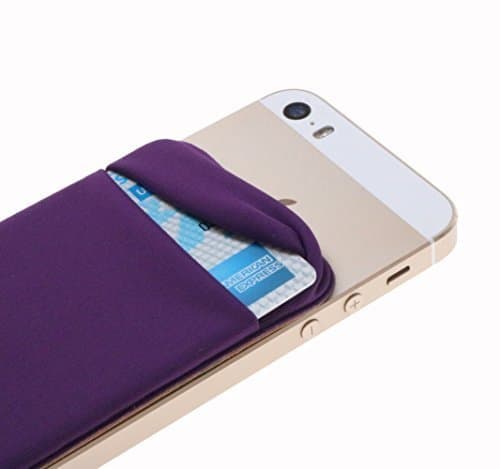 Case Art Plus Credit Card Secure Holder Stick on Wallet [ Lid ] Discreet ID Holder Lycra Spandex Card Sleeves for Smartphones, iPhone 6, Samsung Galaxy Cell Phone Wallet Case 3M Adhesive (Purple)