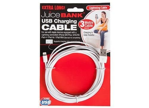 EXTRA LONG 3m Juicebank USB CHARGING CABLE for Apple Devices with LIGHTNING CONNECTION