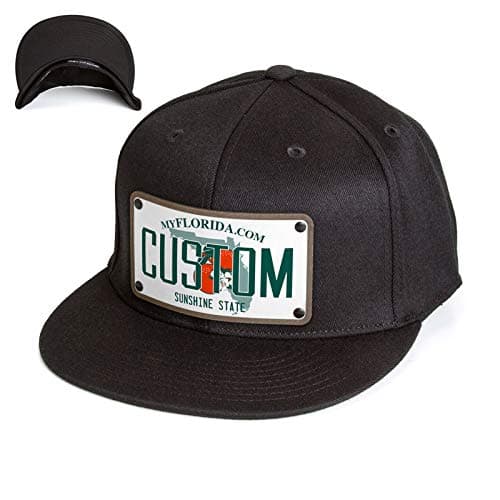 Custom License Plate Snapback Trucker Hat Printed on Leather Patch. Curved Bill.