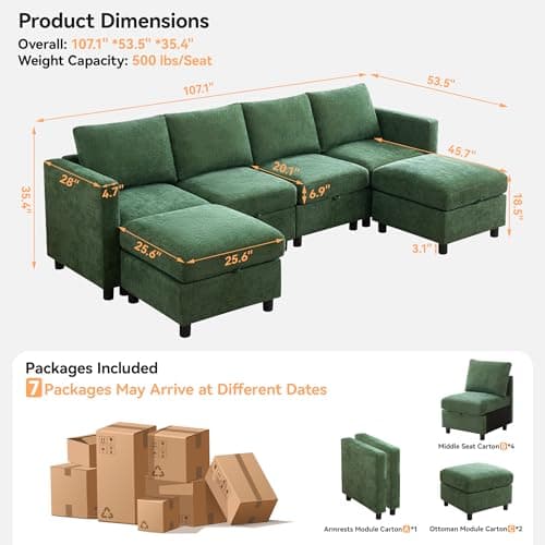 107”Modular Sectional Sofa Convertible U Shaped Sofa Couch Set with Storage for Living Room, Modern 6 Seater Modular Sectional Couch with Movable Ottoman, Chenille Dark Green