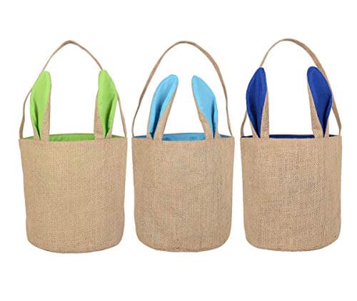 KEFAN 3 Pack Easter Bunny Baskets Jute Burlap Easter Bags with Ears Stand Up 8 x 8 x 9 Inch